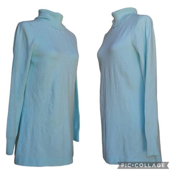 French Connection Fresh Aqua Teal Turtle Neck knit Sweater Slim Fit Tunic Size L - Picture 2 of 8